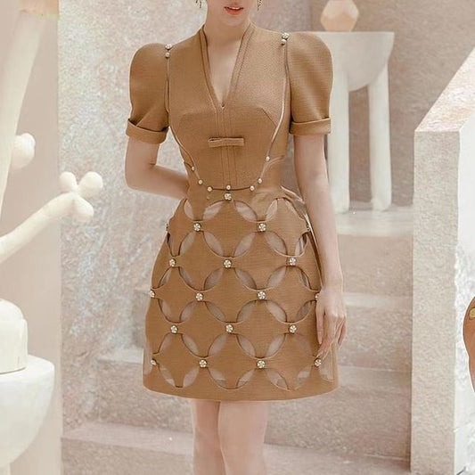 Puff-Sleeve V-Neck Plain Cutout Studded Mini A-Line Dress