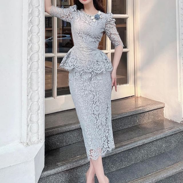 Set: Elbow-Sleeve Peplum Lace Top + High Waist Midi Pencil Skirt