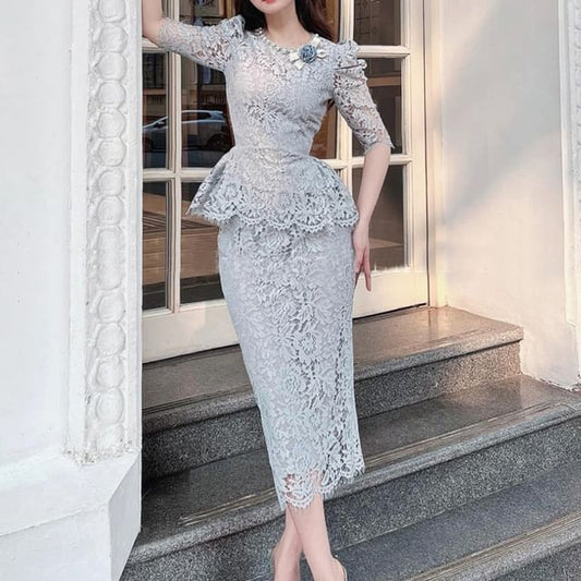 Set: Elbow-Sleeve Peplum Lace Top + High Waist Midi Pencil Skirt