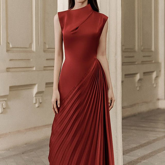 Sleeveless Plain Asymmetrical Pleated Sheath Evening Dress