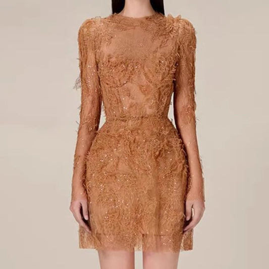 Long-Sleeve Crewneck Lace Mini Bodycon Dress