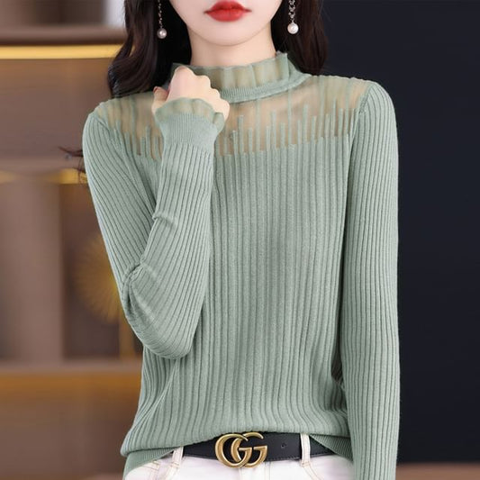 Mock Neck Plain Mesh Panel Ribbed Sweater
