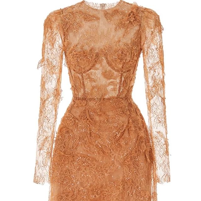 Long-Sleeve Crewneck Lace Mini Bodycon Dress