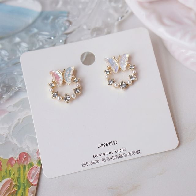 Butterfly Faux Stud Pearl Earring Rhinestone Alloy