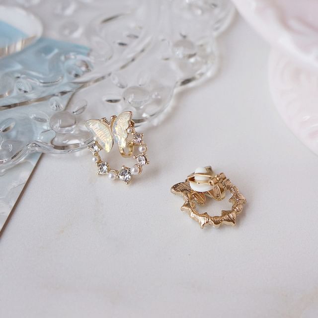 Butterfly Faux Stud Pearl Earring Rhinestone Alloy