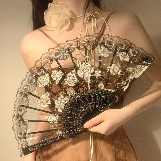 Hand Lace (Various / Set Floral Designs) Foldable Choker Fan