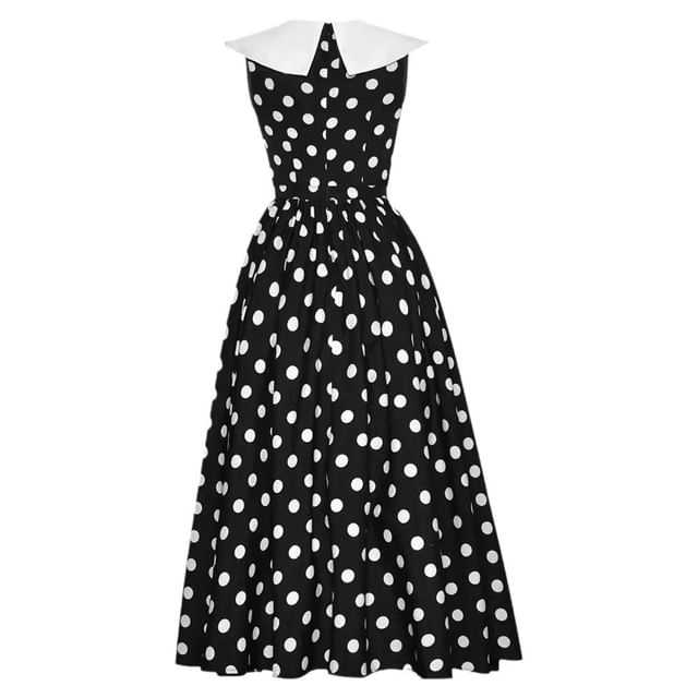 Sleeveless Contrast Collar Dotted Midi A-Line Dress