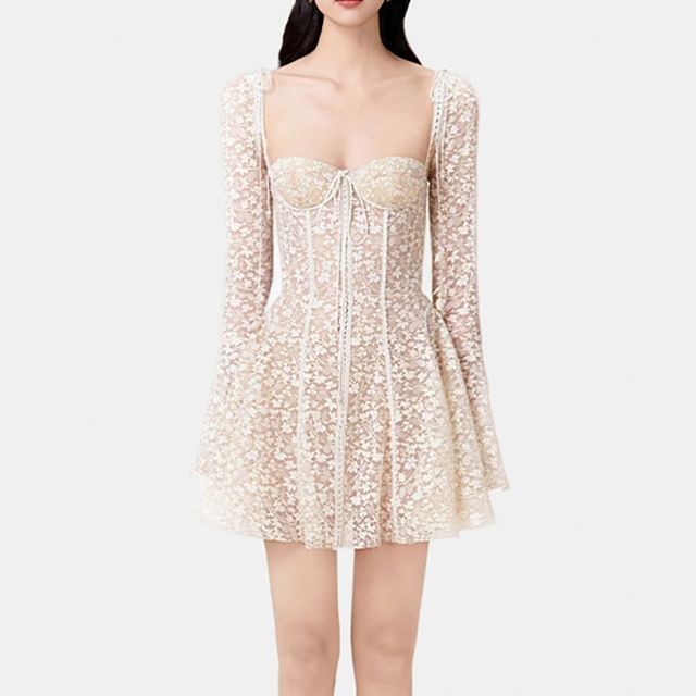 Long-Sleeve Square-Neck Mini A-Line Lace Dress