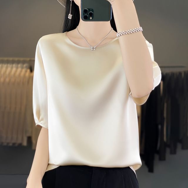 Elbow-Sleeve Crewneck Satin Plain Blouse