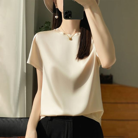 Short-Sleeve Crewneck Satin Plain T-Shirt