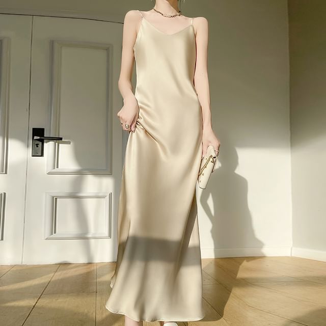Spaghetti Strap V-Neck Plain Maxi A-Line Dress