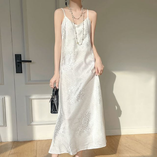 Spaghetti Strap V-Neck Satin Maxi A-Line Dress