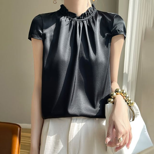 Short-Sleeve Mock Neck Plain Blouse