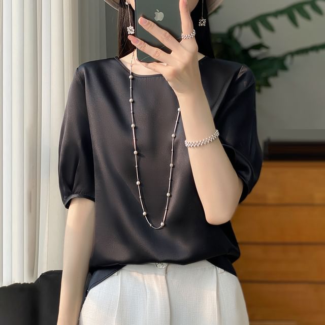 Elbow-Sleeve Crewneck Satin Plain Blouse