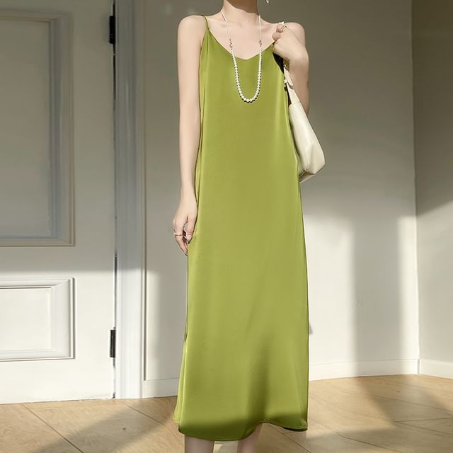 Spaghetti Strap V-Neck Plain Maxi A-Line Dress