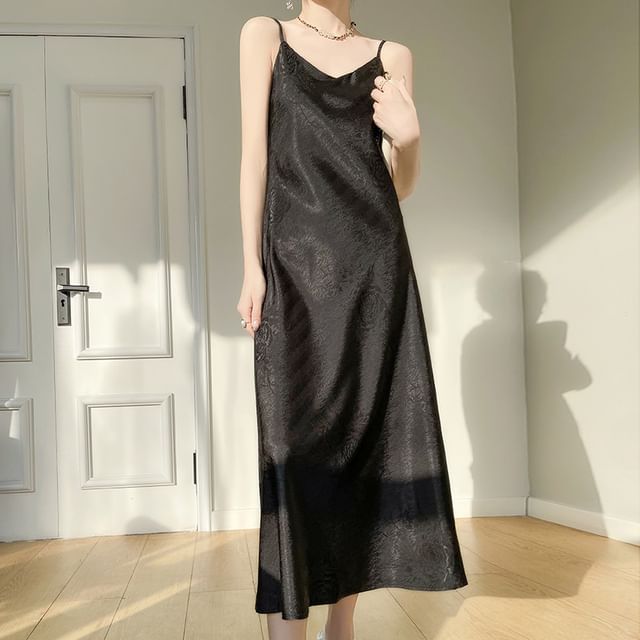 Spaghetti Strap V-Neck Satin Maxi A-Line Dress