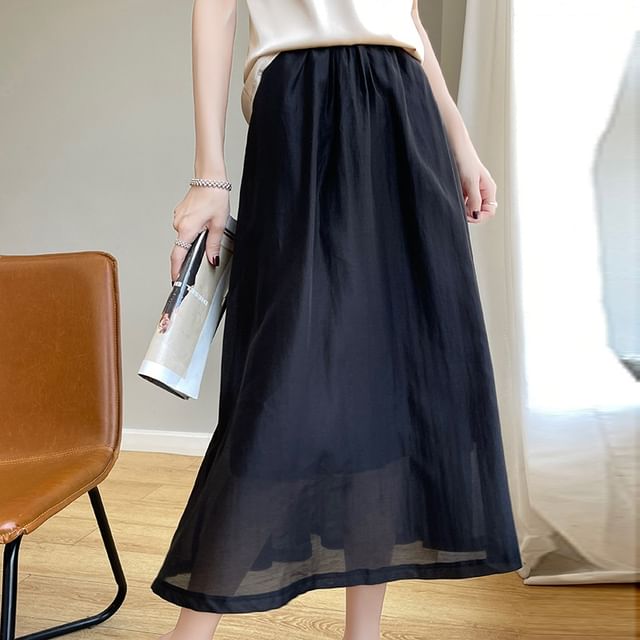 High Rise Plain Midi A-Line Skirt