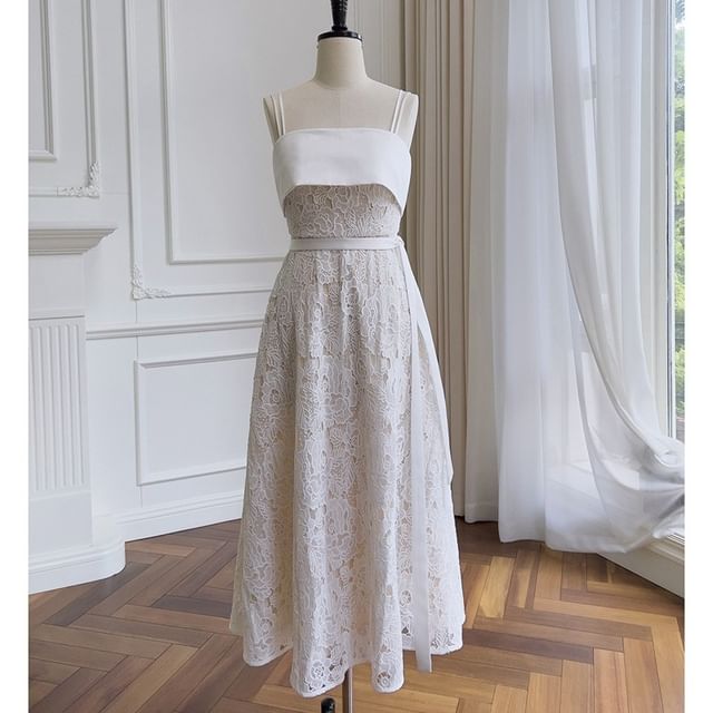 Spaghetti Strap Paneled A-Line Lace Evening Gown