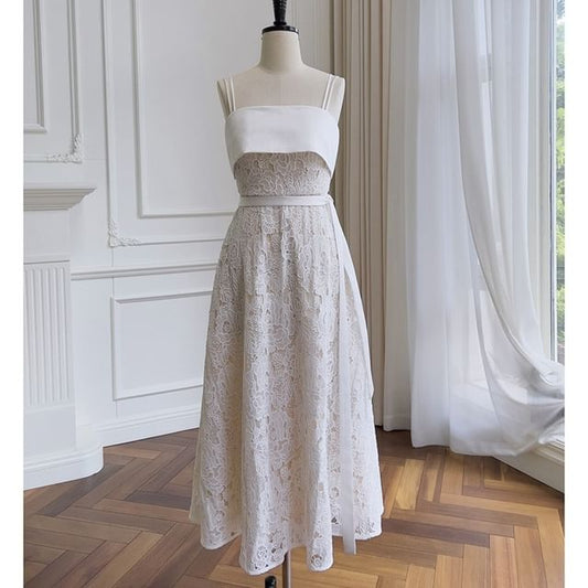 Spaghetti Strap Paneled A-Line Lace Evening Gown