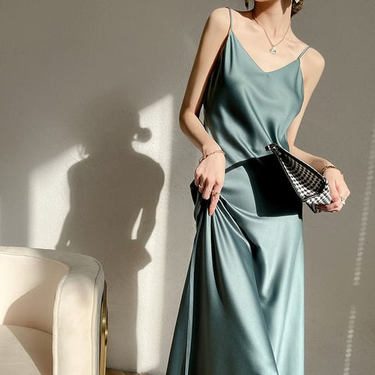 Spaghetti Strap V-Neck Plain Open Back Satin Maxi A-Line Dress