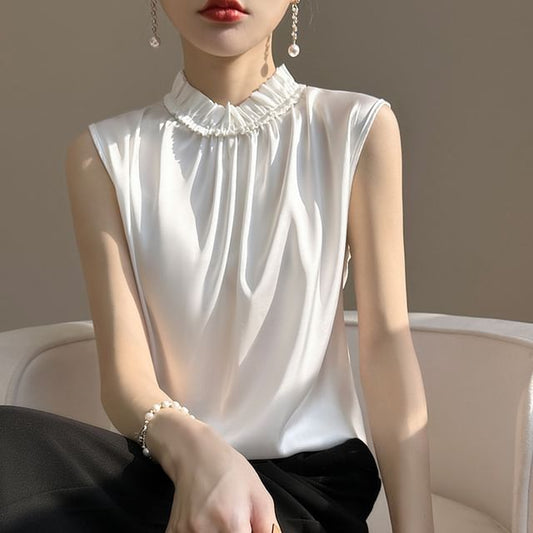 Sleeveless Stand Collar Plain Frill Trim Satin Blouse