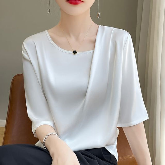 Elbow-Sleeve Asymmetrical Neck Plain Satin Blouse