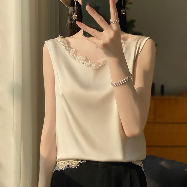 V-Neck Plain Lace Trim Satin Tank Top