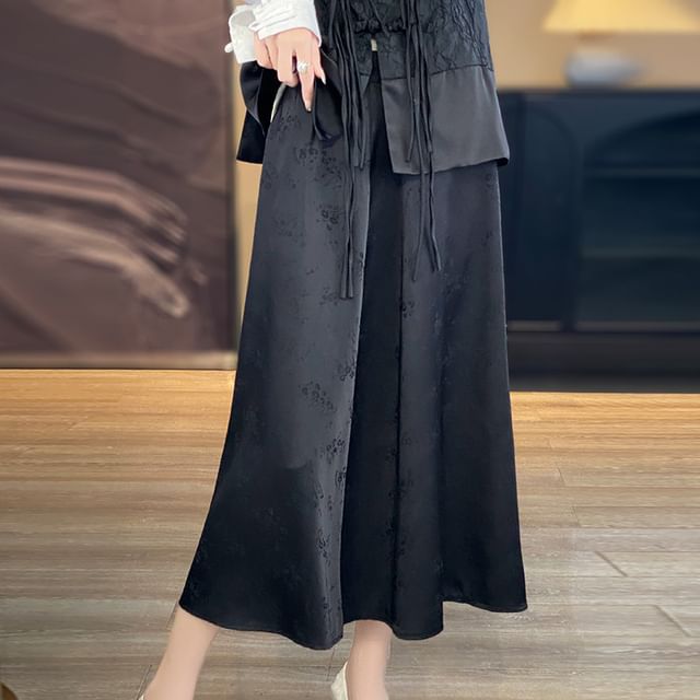 High Waist Floral Jacquard Satin Midi A-Line Skirt