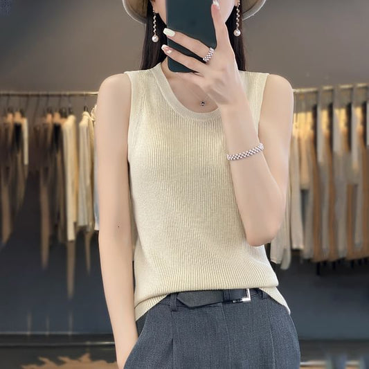 Round Neck Plain Ribbed Knit Tank Top