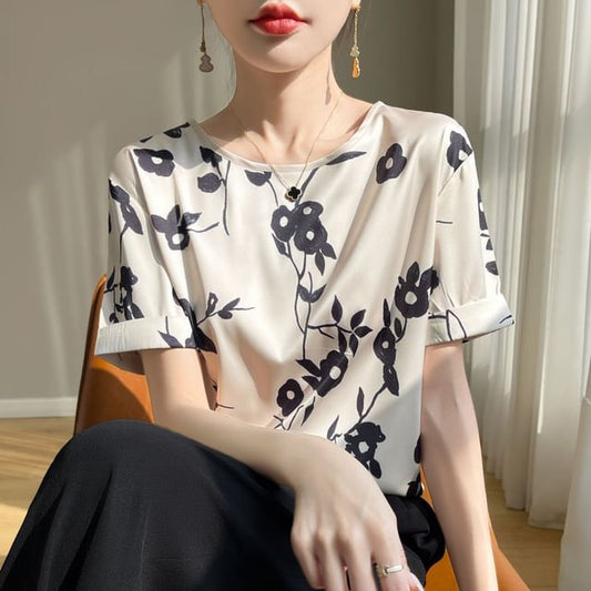 Short-Sleeve Crew Neck Floral Print Satin Tee