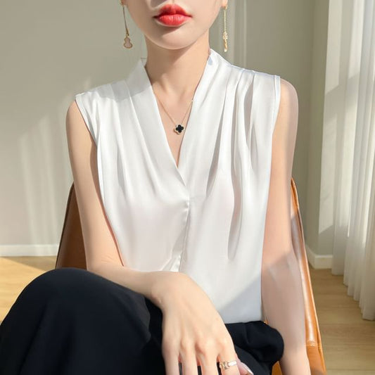 Sleeveless V-Neck Plain Ruched Satin Blouse