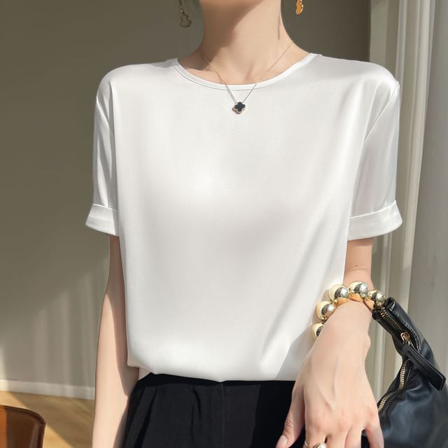 Short-Sleeve Crew Neck Plain Satin T-Shirt