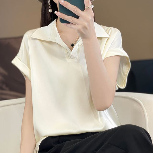 Short-Sleeve Collared Plain Satin Blouse