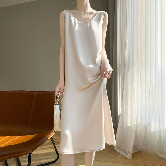 Sleeveless V-Neck Plain Satin Midi Shift Dress