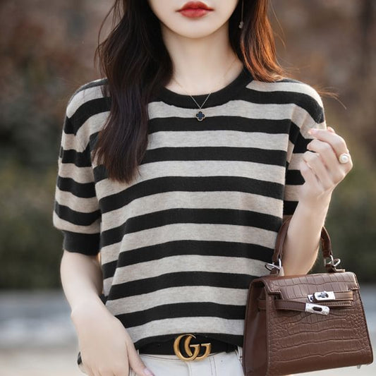 Elbow--Sleeve Round Neck Striped Knit Top