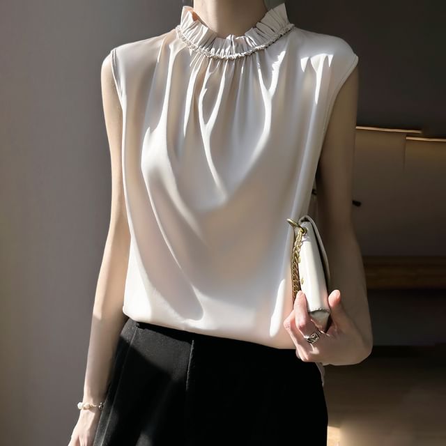 Sleeveless Stand Collar Plain Frill Trim Satin Blouse