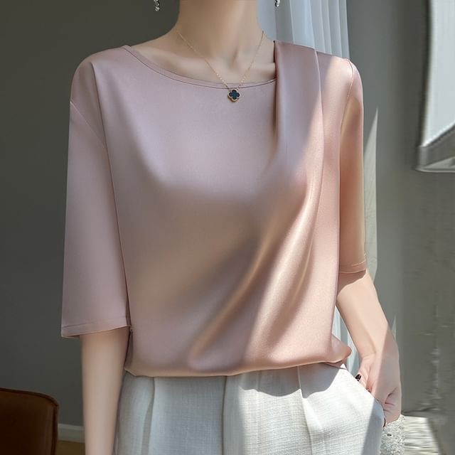 Elbow-Sleeve Asymmetrical Neck Plain Satin Blouse
