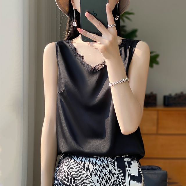 V-Neck Plain Lace Trim Satin Tank Top