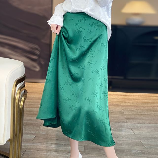 High Waist Floral Jacquard Satin Midi A-Line Skirt