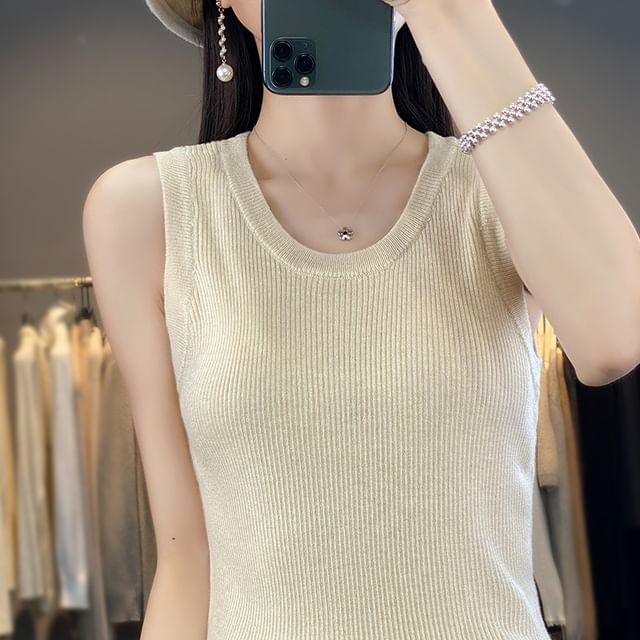 Round Neck Plain Ribbed Knit Tank Top
