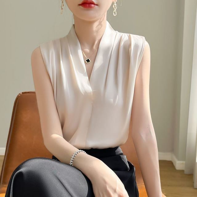 Sleeveless V-Neck Plain Ruched Satin Blouse