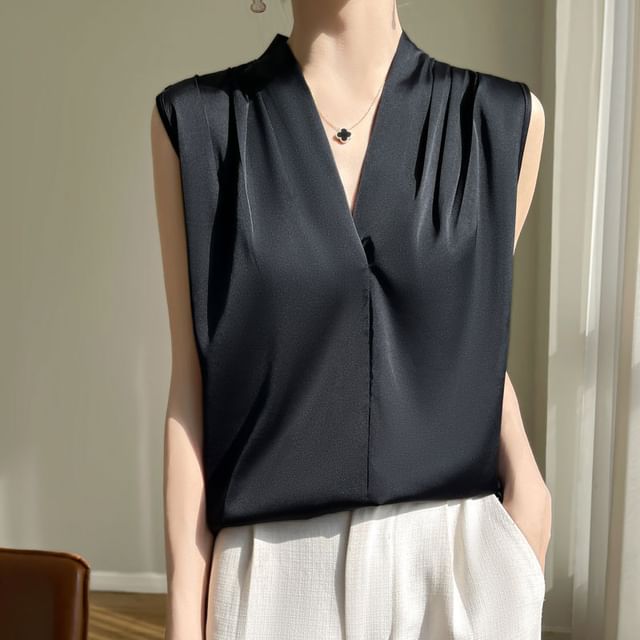 Sleeveless V-Neck Plain Ruched Satin Blouse