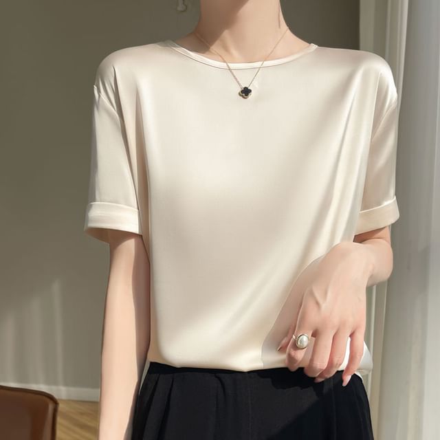 Short-Sleeve Crew Neck Plain Satin T-Shirt