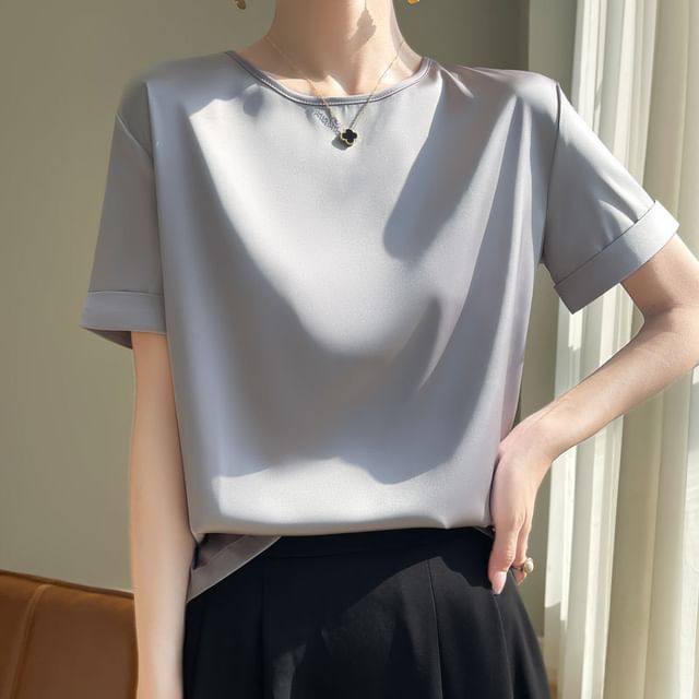 Short-Sleeve Crew Neck Plain Satin T-Shirt