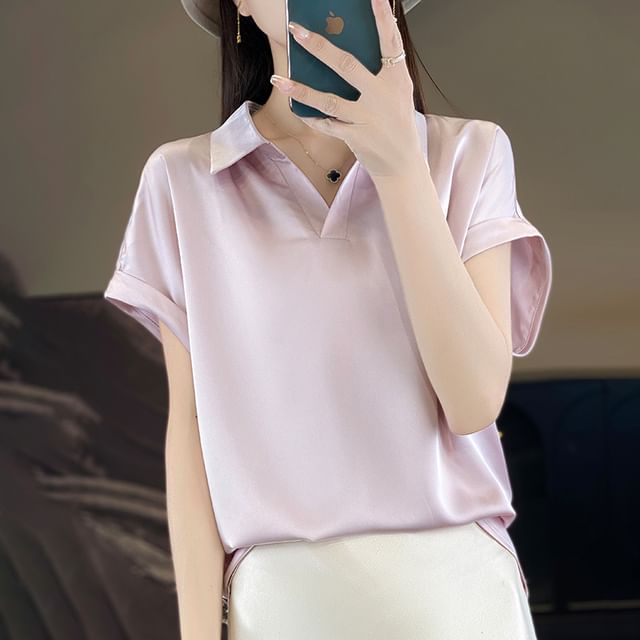 Short-Sleeve Collared Plain Satin Blouse