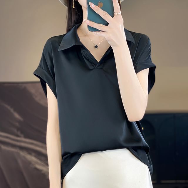 Short-Sleeve Collared Plain Satin Blouse