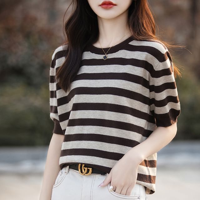 Elbow--Sleeve Round Neck Striped Knit Top
