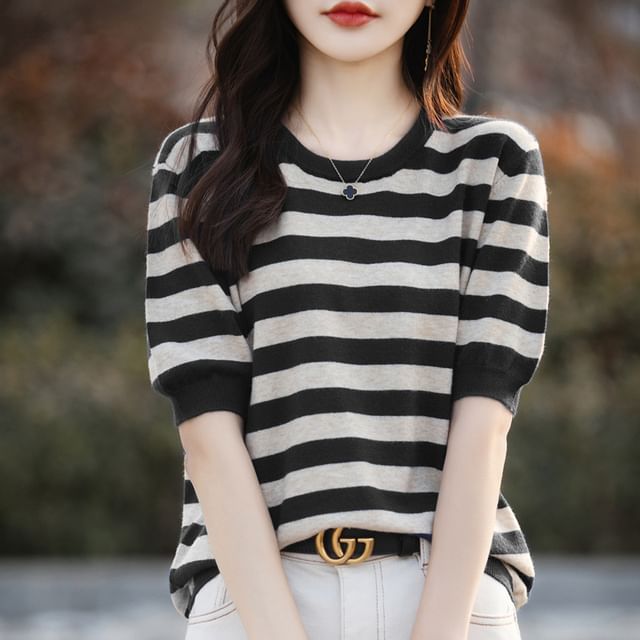 Elbow--Sleeve Round Neck Striped Knit Top