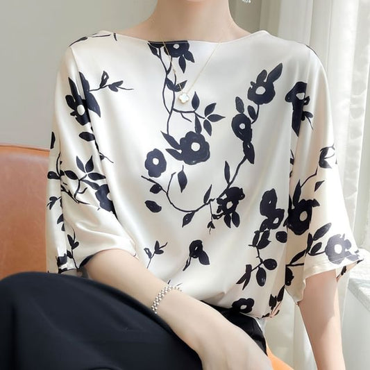 Elbow-Sleeve Crewneck Floral Print Tee