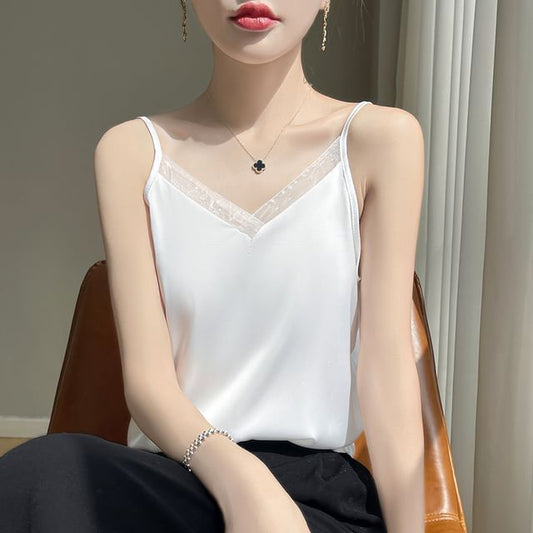 V-Neck Lace Trim Plain Cami Top